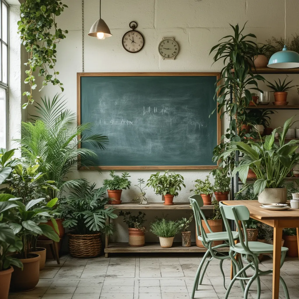 Espacio con decoración retro y plantas para aprendizaje financiero